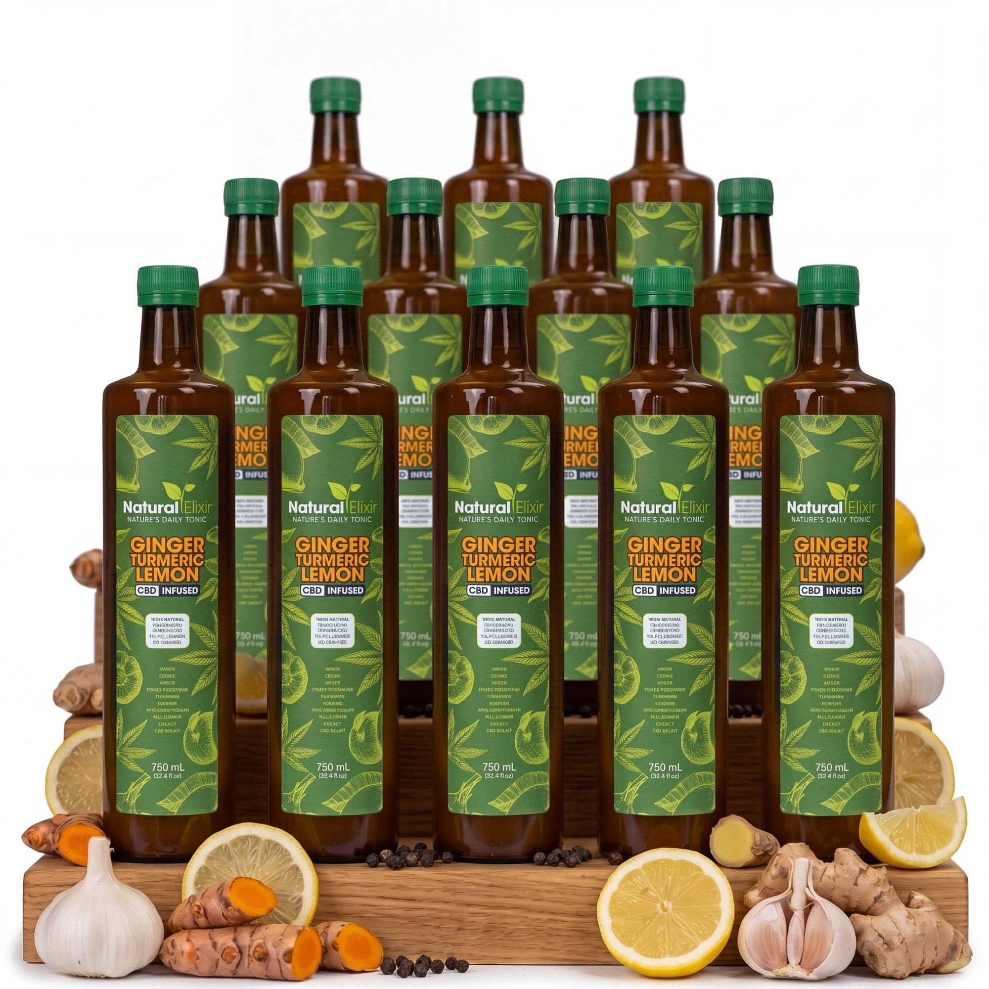 Twelve 750 ml bottles of Natural Elixir CBD infused health tonic on a wooden tray with fresh ginger, garlic, turmeric, lemon and black pepper
