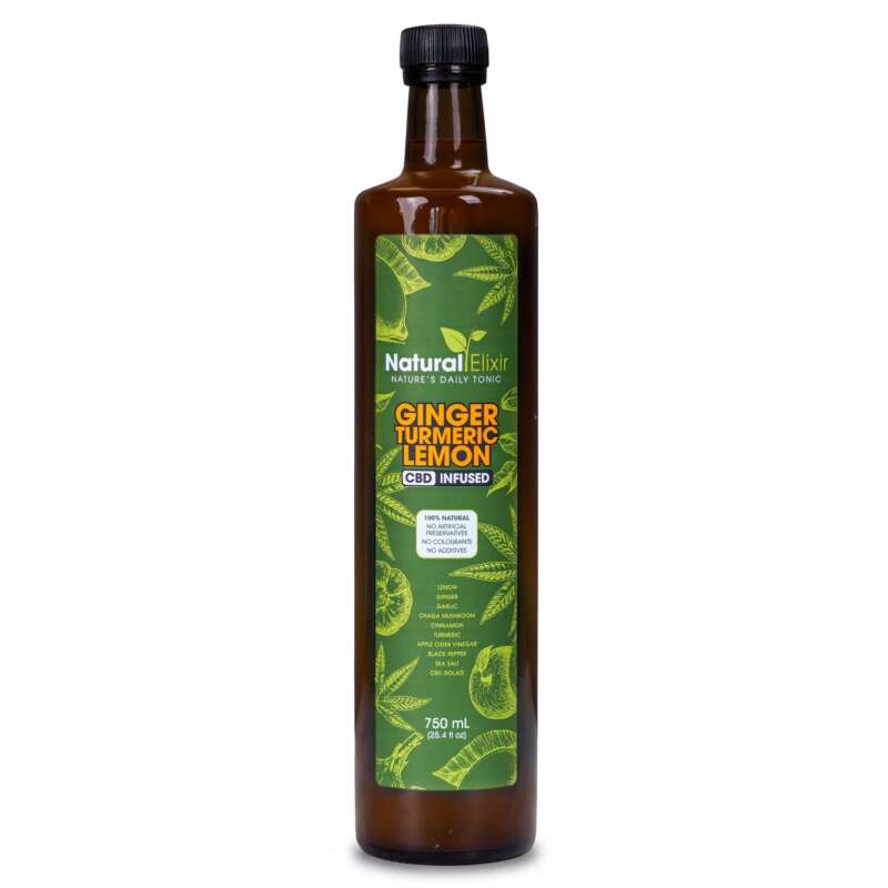 Natural Elixir CBD infused ginger, turmeric and lemon health tonic in a 750 ml amber bottle on a white background