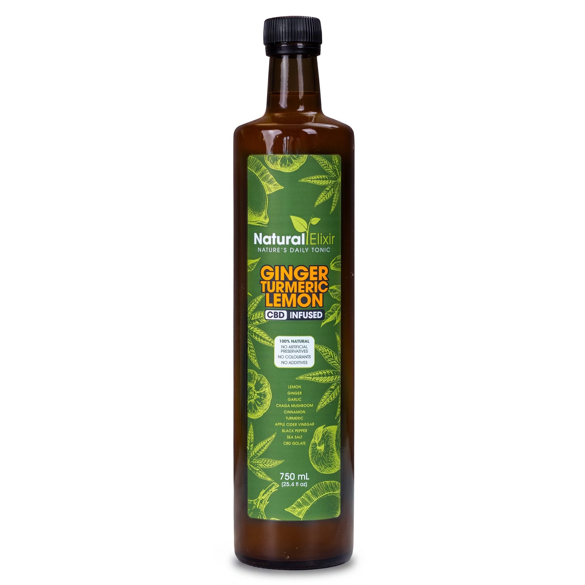 Natural Elixir CBD infused ginger, turmeric and lemon health tonic in a 750 ml amber bottle on a white background