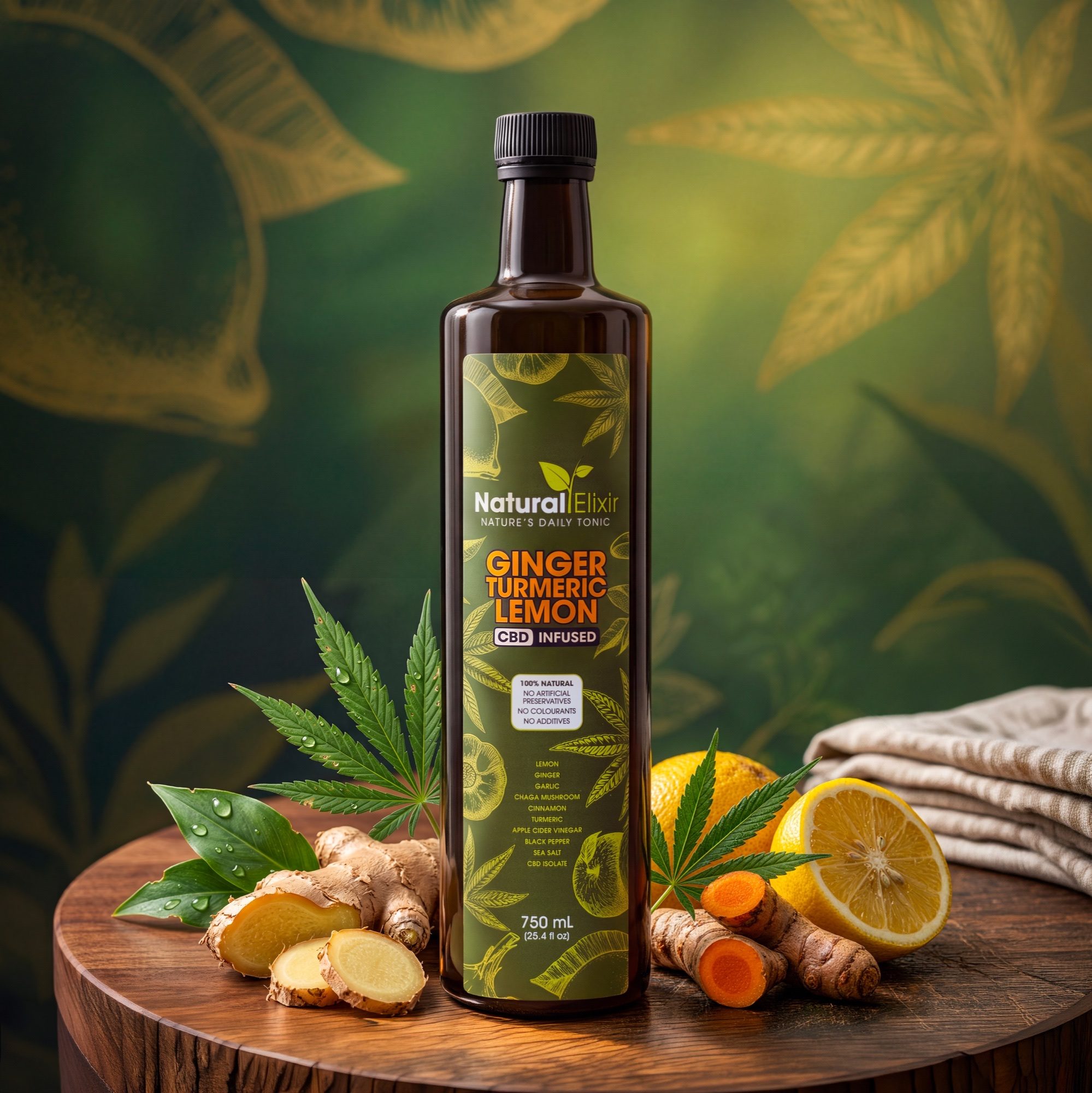 Natural Elixir CBD infused health tonic bottle on a wooden board with fresh ginger, turmeric, lemon and hemp leaves