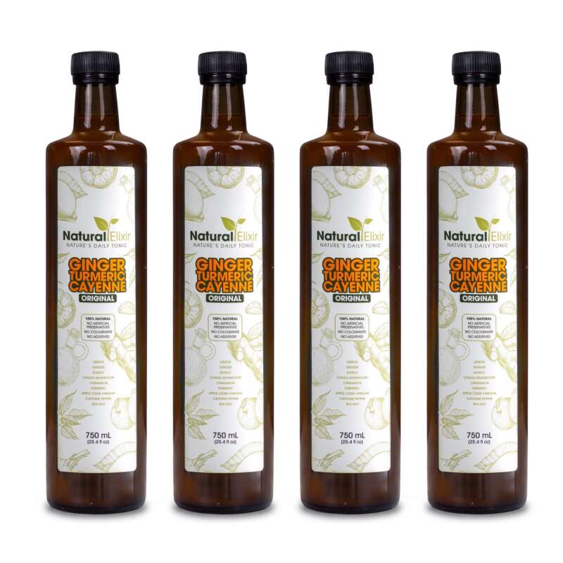 Four 750 ml bottles of Natural Elixir Classic ginger, turmeric and cayenne health tonic on a white background