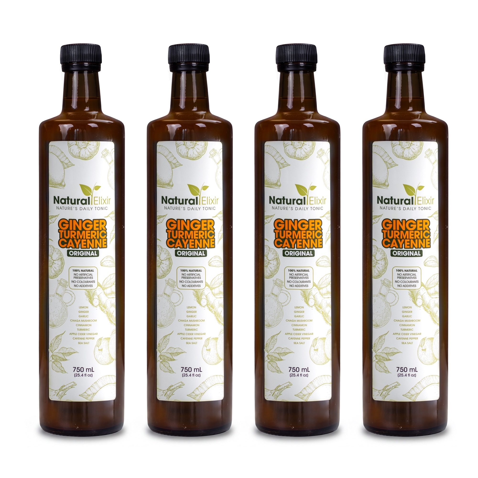 Four 750 ml bottles of Natural Elixir Classic ginger, turmeric and cayenne health tonic on a white background