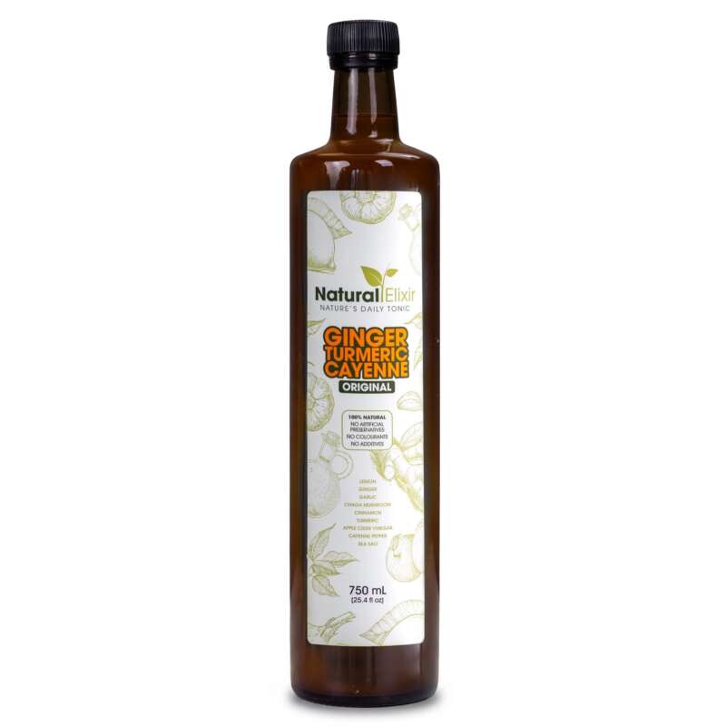 Natural Elixir Classic ginger, turmeric and cayenne health tonic in a 750 ml amber bottle on a white background