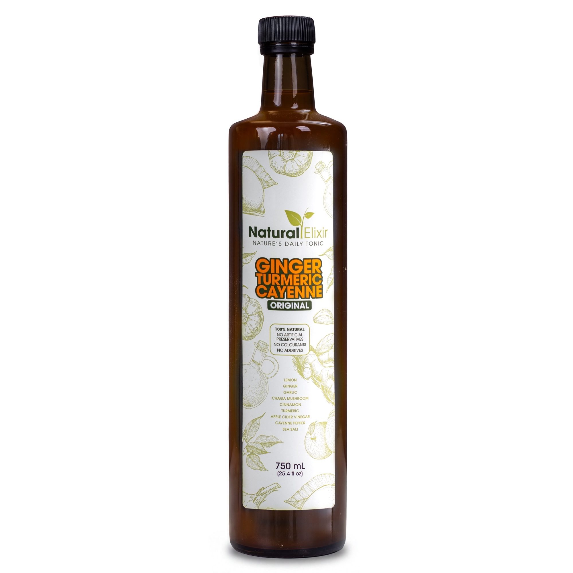 Natural Elixir Classic ginger, turmeric and cayenne health tonic in a 750 ml amber bottle on a white background