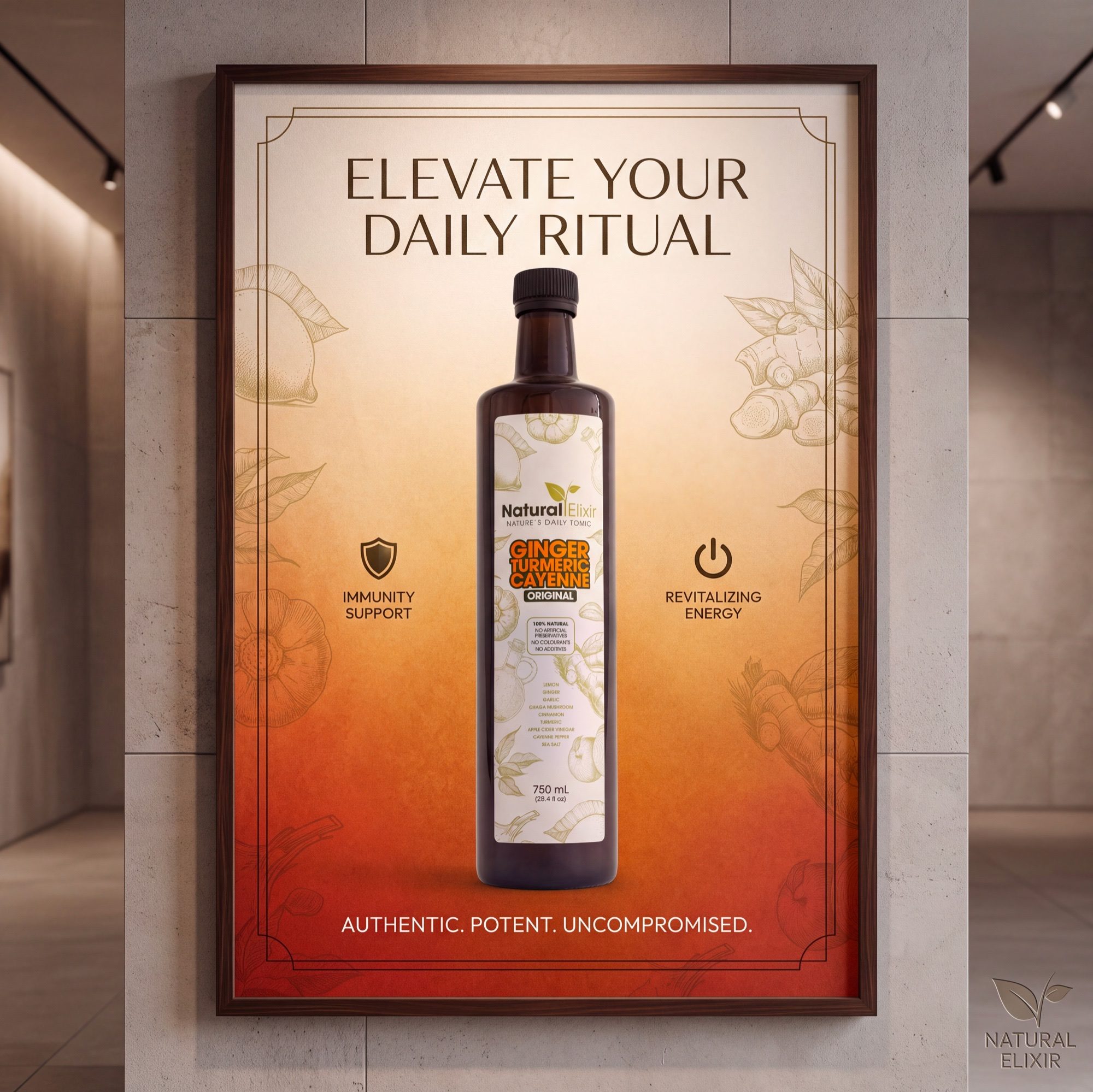 Framed promotional poster artwork for Natural Elixir Classic health tonic