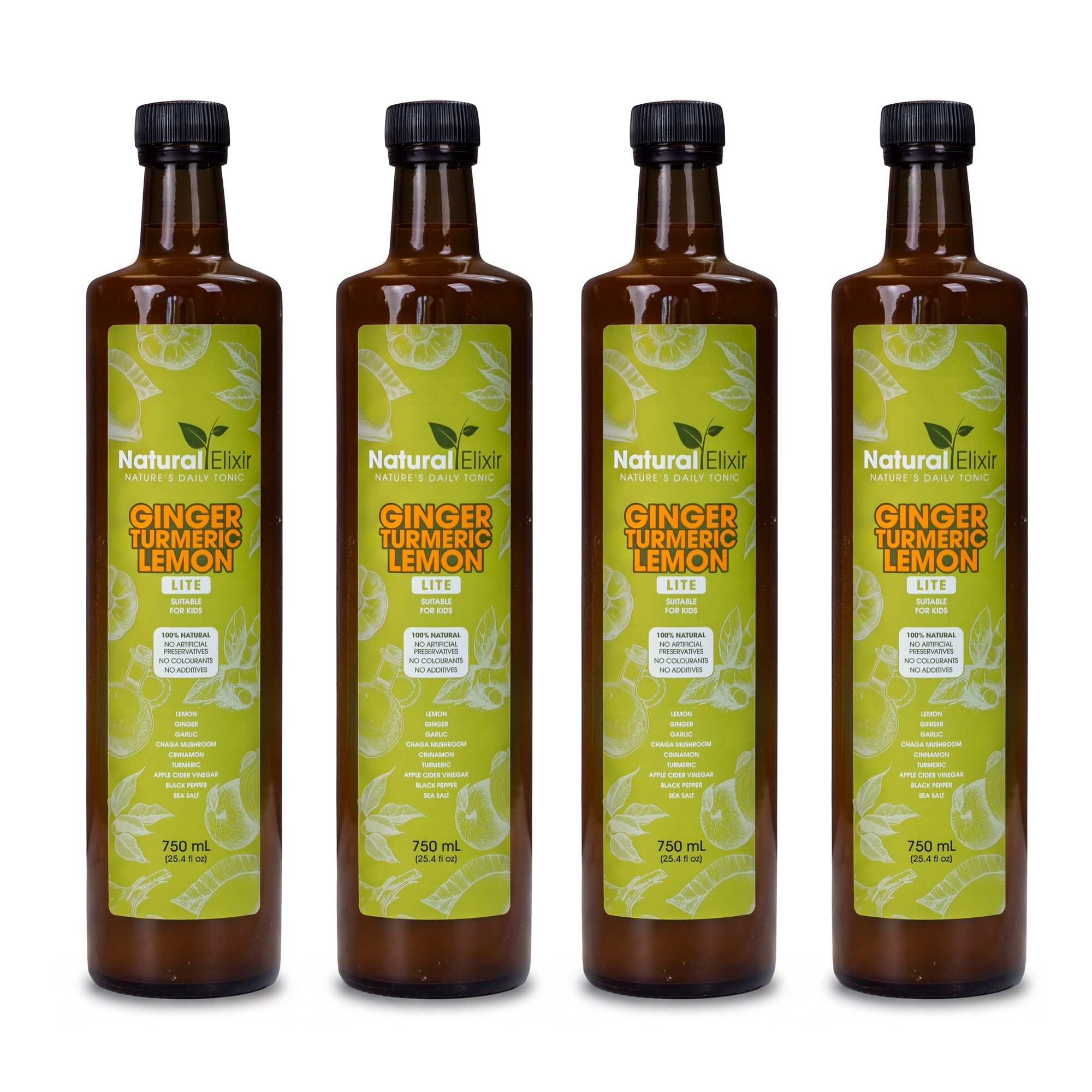 Four 750 ml bottles of Natural Elixir LITE ginger, turmeric and lemon health tonic on a white background