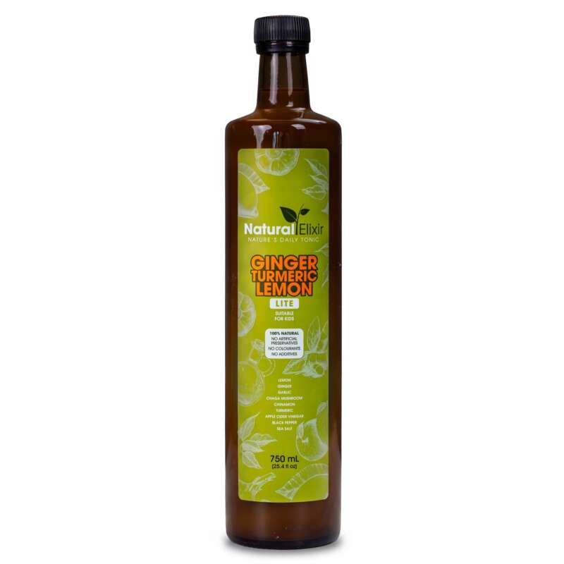 Natural Elixir LITE ginger, turmeric and lemon health tonic in a 750 ml amber bottle on a white background