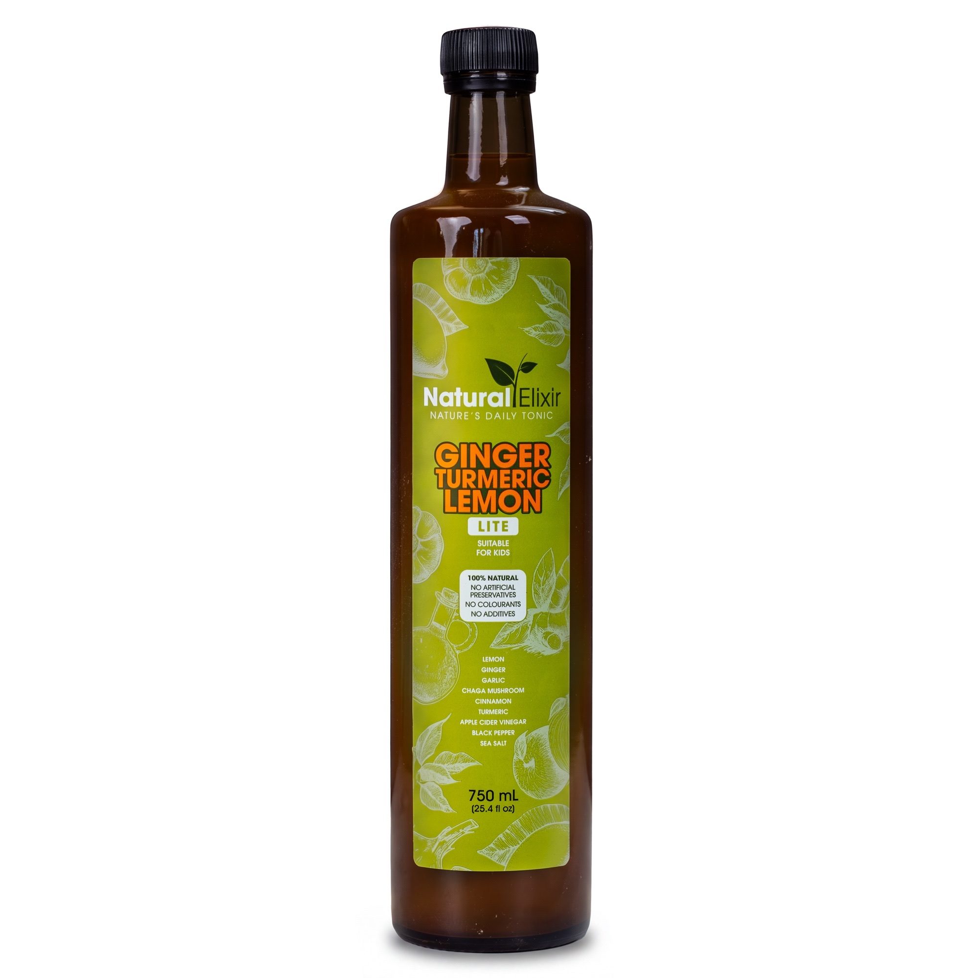 Natural Elixir LITE ginger, turmeric and lemon health tonic in a 750 ml amber bottle on a white background