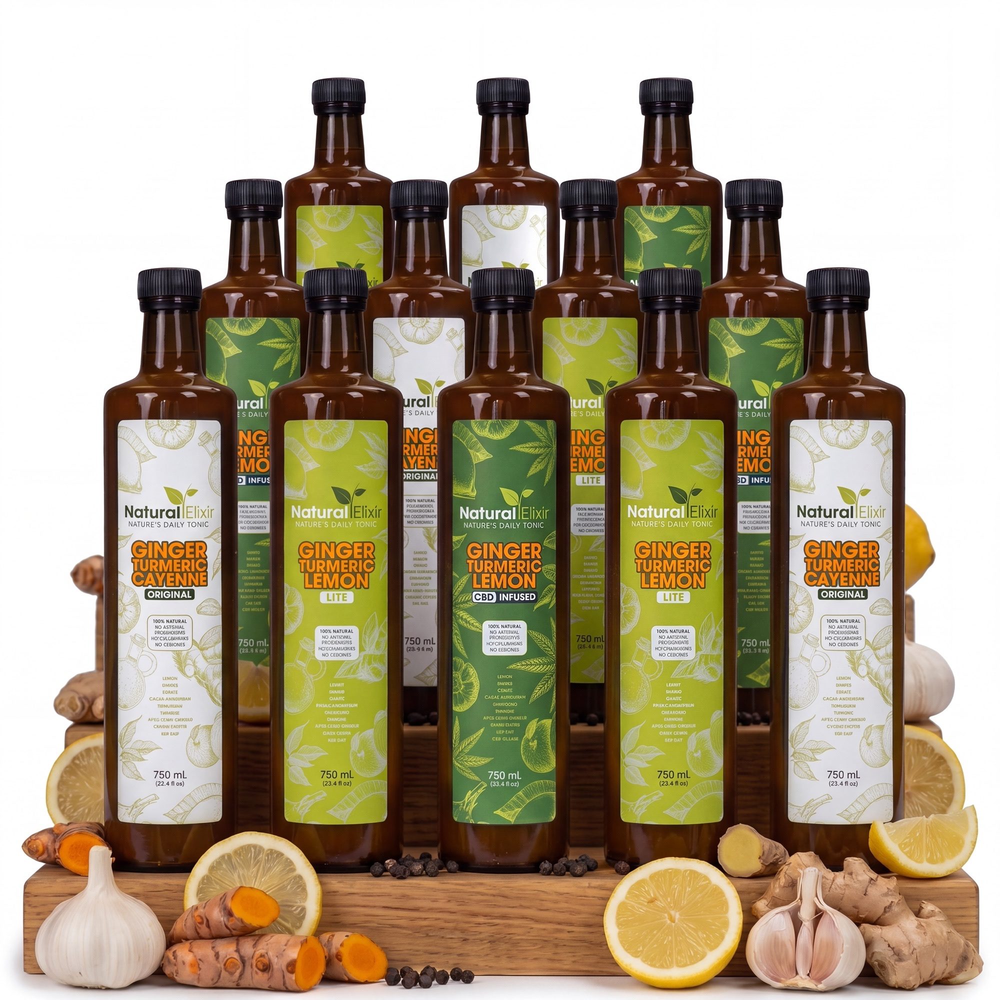 Twelve 750 ml bottles of Natural Elixir on a wooden tray, four each of Classic, LITE and CBD Infused, with fresh ginger, garlic, turmeric, lemon and black pepper