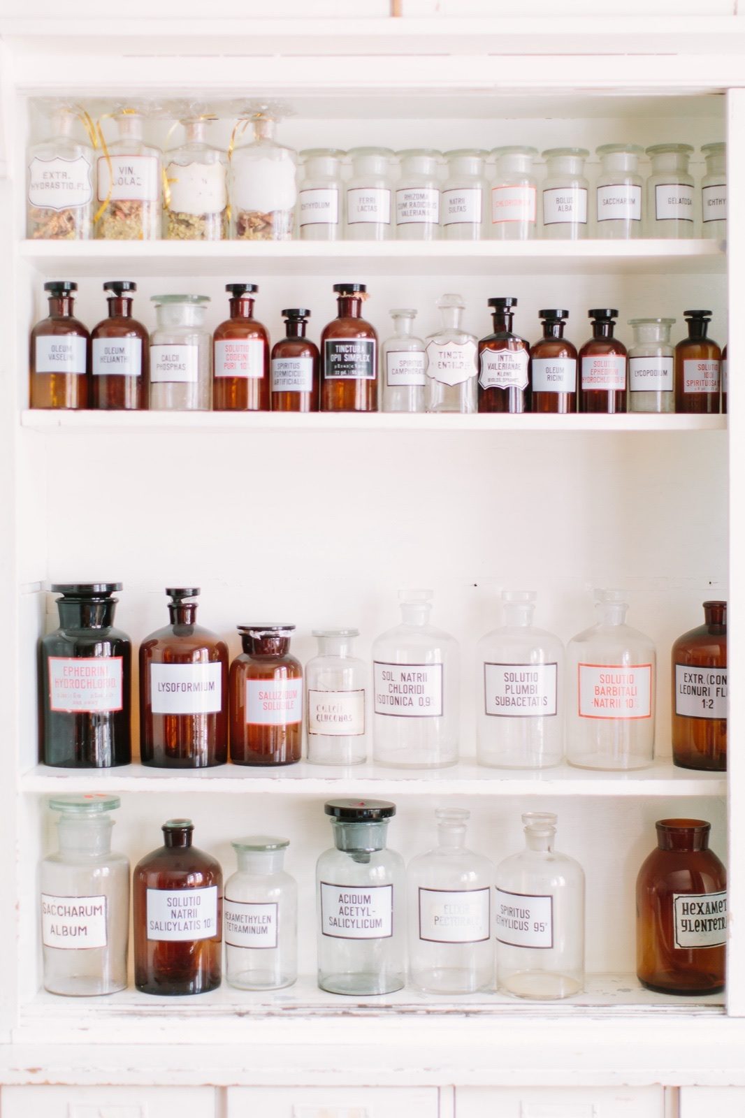 Rows of glass bottles on the wooden shelves of an old pharmacy